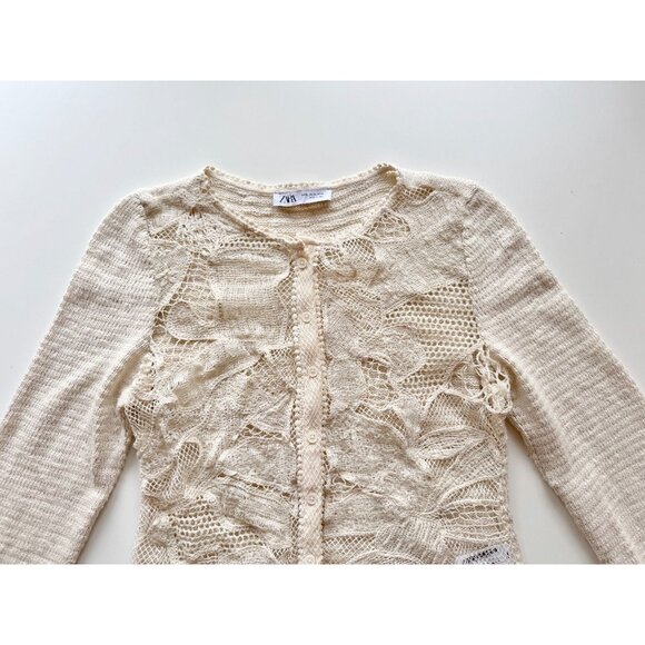 ZARA Ecru Ivory Contrast Cotton Blend Lace Knit Cardigan Sweater, Size XL - Picture 7 of 16